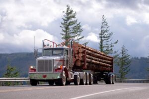 Logging truck passing on the road.
