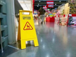 Caution sign wet floor in the supermarket