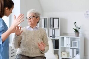 Terrified senior lady from the abuse in the nursing home.