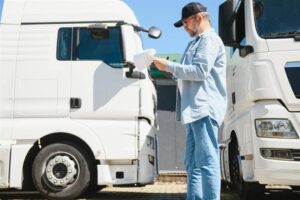 Inspector checking trucks for safety.