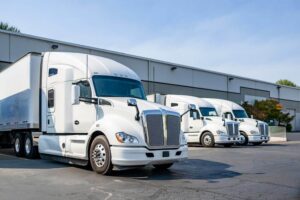 White commercial trucks in parking.